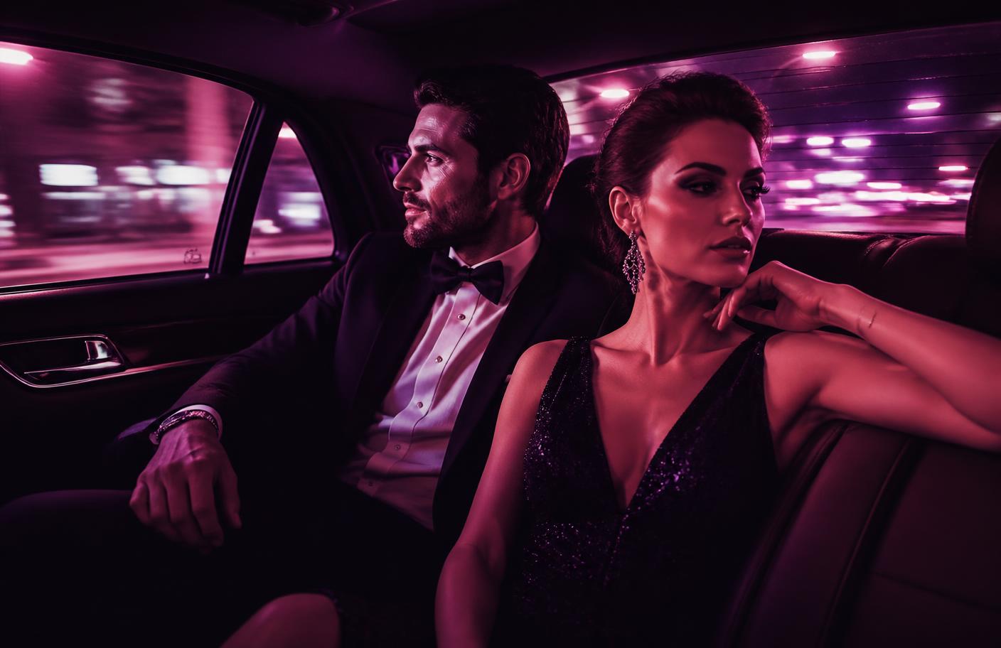 A stylish couple in eveningwear travelling through a neon-lit city at night