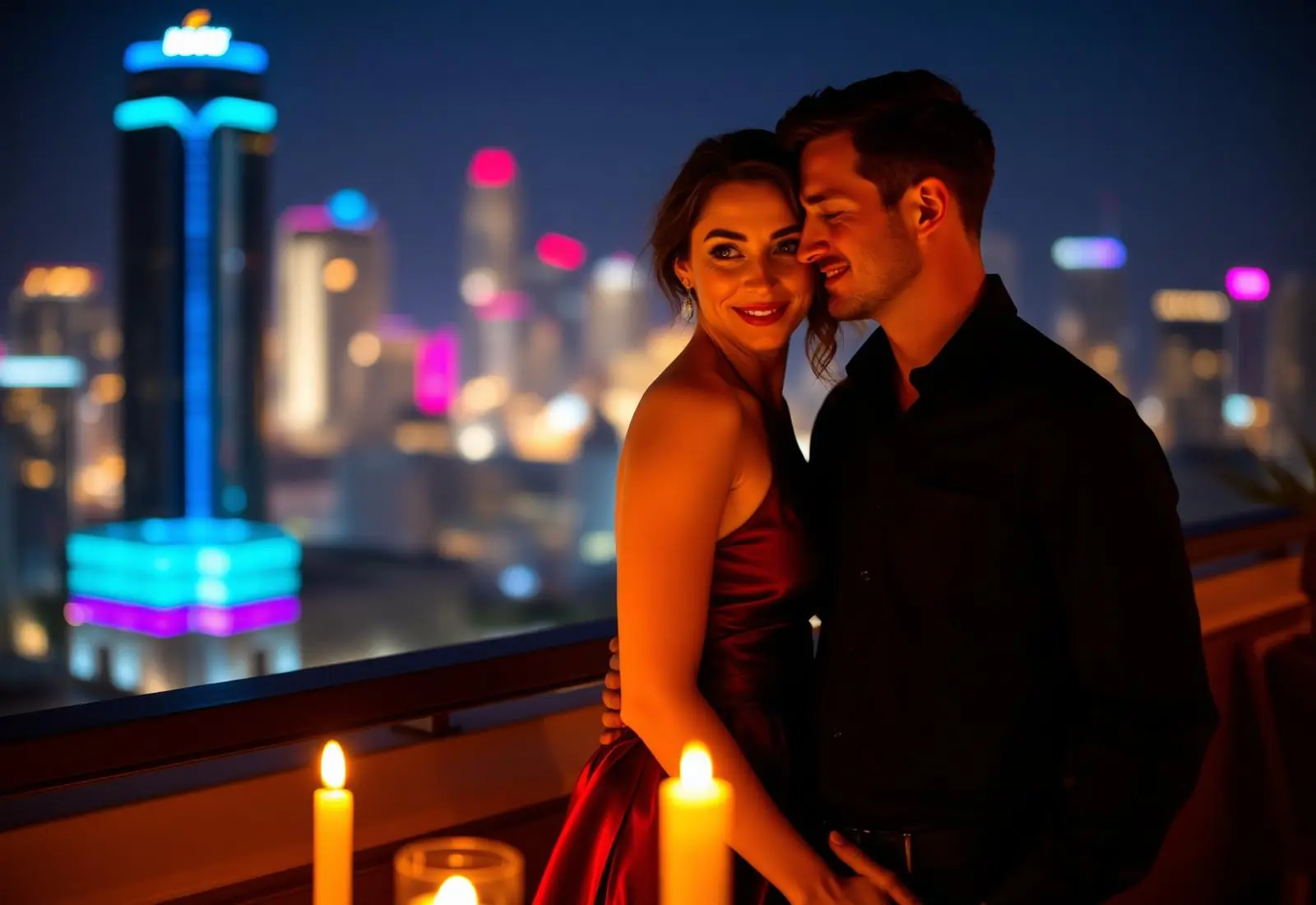 An elegant adult couple sharing a private moment on a candlelit city rooftop at night